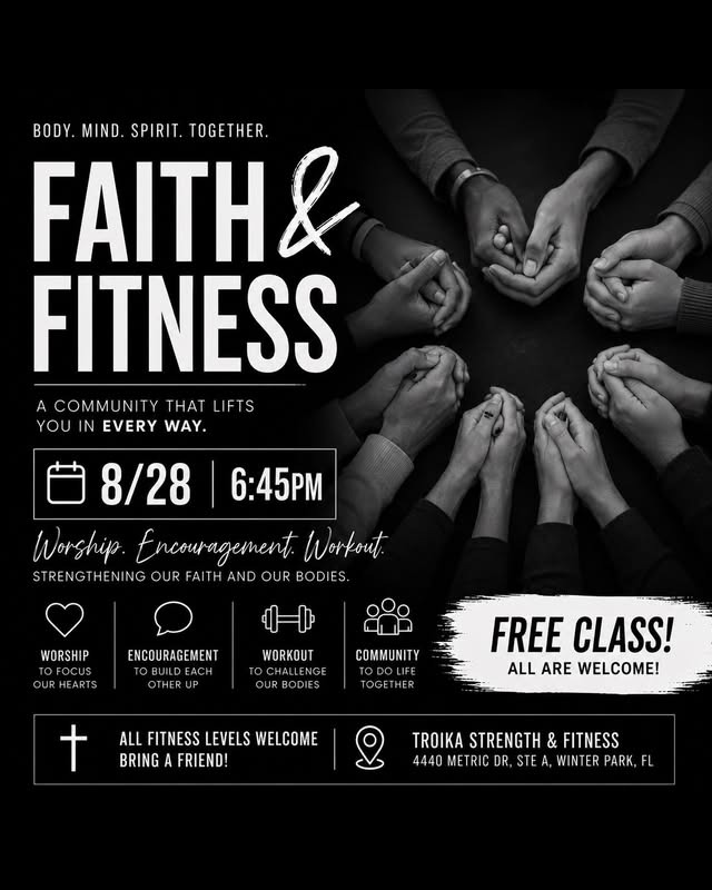 Faith and Fitness flyer, August 28 class — joined hands in a circle